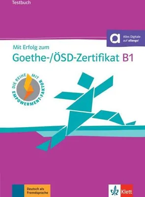 A book cover with a graphic of a person jumping and text related to a German language certification.