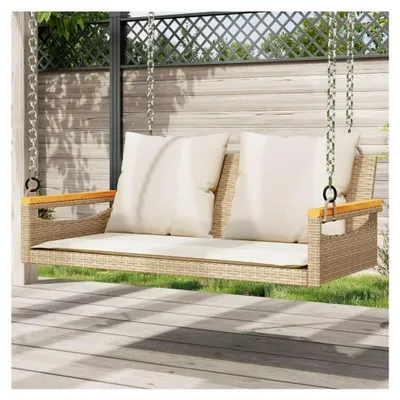 Produktbild von Hängebank mit Kissen Beige 109x62x40 cm Poly Rattan, UV-beständig, schaukelnd für Garten, Terrasse und Balkon
