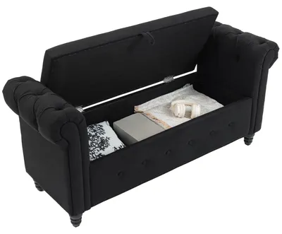 Produktbild von 2-in-1 Aufbewahrungsbank aus Leinenstoff mit Holzbeinen, 146,5 x 49 x 72 cm, schwarz