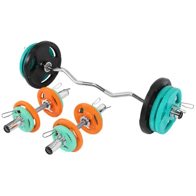 Produktbild von GORILLA SPORTS® Hantelset 75kg - Olympia SZ Curlstange 120cm, 14 Gummi Gripper Hantelscheiben, 2 Kurzhantelstange, 50mm, gerändelt, verchromt, 6 Federverschlüsse - SZ-Stange, Langhantel Set, Curlset