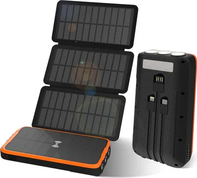 Produktbild von Solar Powerbank 20000mAh mit 4 Solarpanels, Outdoor Ladegerät wasserdicht, mit 3 Kabeln & LED Taschenlampe für Camping & Reisen