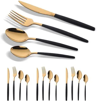 Produktbild von Ibenzoa® 16‑teiliges Besteckset aus rostfreiem Edelstahl, schwarz‑gold PVD – 4 Gabeln, 4 Messer, 4 Esslöffel, 4 Teelöffel für 4 Personen, einteiliges Messer mit Wellenschliff