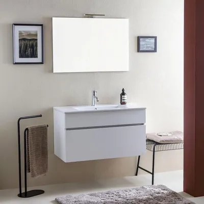 Immagine prodotto di Mobile bagno sospeso 90cm bianco legno lavabo e specchio | Sole