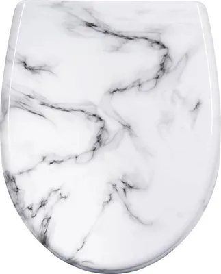 A top-down view of a toilet seat with a marble pattern.