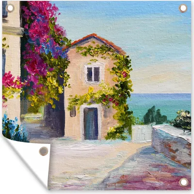 Produktbild von MuchoWow® 100x100 cm Outdoor-Poster Gartendeko Sichtschutz Garten Poster für den Garten  Malerei - Haus - Ölfarbe - Dorf