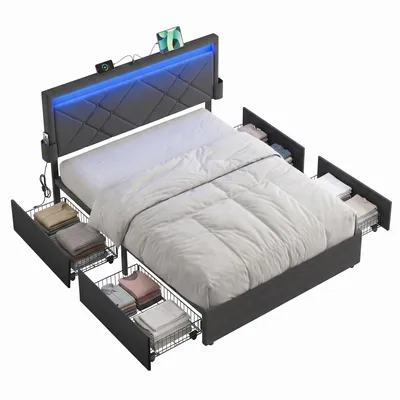 Produktbild von VASAGLE Polsterbett mit LED und 7-Zonen Taschenfederkernmatratze Set, 4 Schubladen, USB, 140 x 200 cm, Grau/Blau