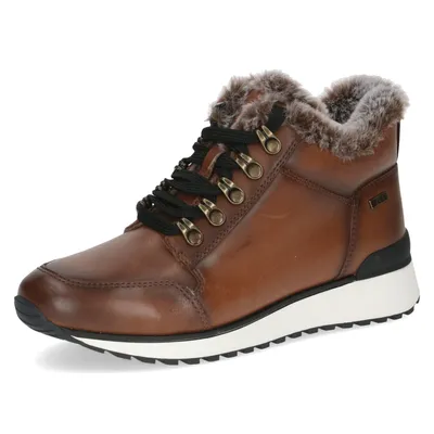 A single brown boot with fur trim, shown from a side-diagonal angle against a white background.