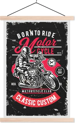 Produktbild von MuchoWow® Textilposter Mancave - Motorrad - Vintage - Zitate 120x180 cm mit holzfarbenen Rahmen - Textil-Plakat