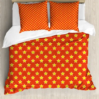 Produktbild von ABAKUHAUS Sterne Bettbezug Set für Einzelbetten, Pop-Art-Art-Comic-Motive, Milbensicher Allergiker geeignet mit Kissenbezug, 155 cm x 220 cm - 80 x 80 cm, Yellow Vermilion