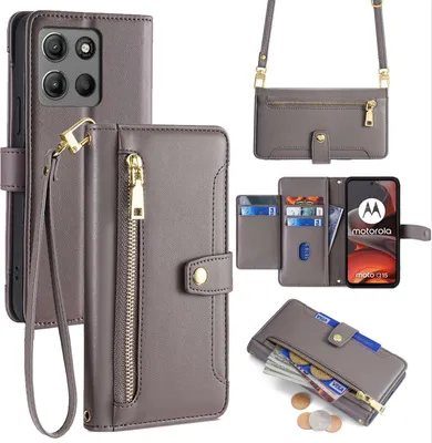 A collage of images showcasing a gray leather wallet-style phone case with a wrist strap and a crossbody strap, displaying its card slots, zippered compartment, and a Motorola phone inside.