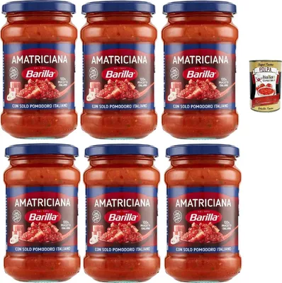 Produktbild von Barilla Amatriciana Pasta-Sauce – 6 x 300 g (1,8 kg) | Mit 100% italienischer Pancetta & Tomaten – stückig, servierfertig, ideal für Spaghetti & Bucatini + Italian Gourmet polpa