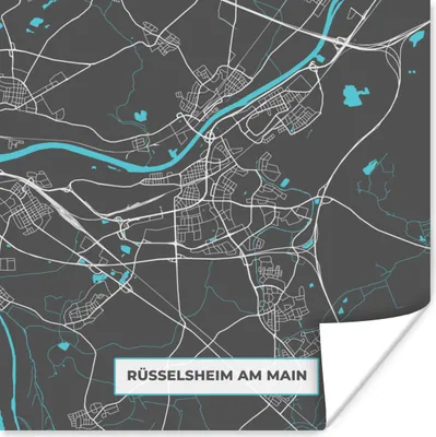 Produktbild von MuchoWow® Poster Stadtplan - Karte - Rüsselsheim am Main - Blau - Deutschland - Karte 50x50 cm - Wohnzimmerdekoration