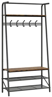 Image de Portemanteau d'entrée - Portemanteau avec banc - 60 cm - 1 rangée de crochets - Étagère à chaussures et porte-sacs - Fer - Marron