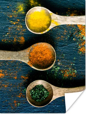 Produktbild von MuchoWow® Poster Gewürze - Löffel - Kräuter - Braun - Gelb - Grün 90x120 cm - Wohnzimmer
