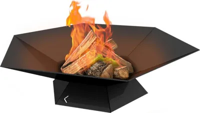 A black metal fire pit with burning logs inside, set against a white background.