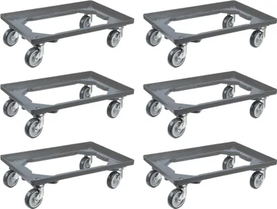 Produktbild von SparSet 6x Transportroller für Euroboxen 60x40cm mit Gummiräder grau | Offenes Deck | 2 Lenkrollen & 2 Bockrollen | Traglast 300kg | Kistenroller Logistikroller Rollwagen Profi-Fahrgestell
