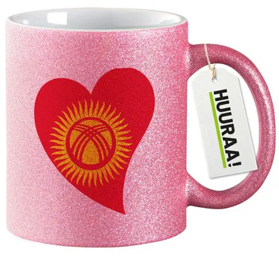 Produktbild von Huuraa Glitzertasse Kirgisistan Flagge Herz 330ml Pink Keramik Kaffeebecher Geschenkidee