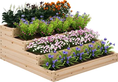 Image de Outsunny Carré potager de jardin, jardinière en bois massif, lit de jardin surélevé, sans fond, 4 étages, pour herbes légumes fruits fleurs, 113 x 113 x 46 cm, bois naturel