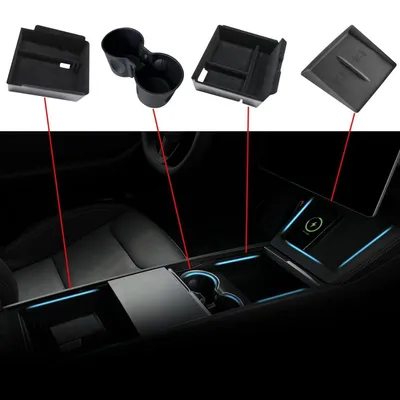 Image de Organisateur de console centrale avec porte-gobelets, compatible avec les modèles Tesla Model 3/Y, lot de 4 pièces