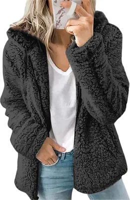 Produktbild von ASKSA Damen-Sweatshirt Flauschige Sherpa-Fleece-Jacke mit Reißverschluss Langärmelig,  Schwarz, 2XL