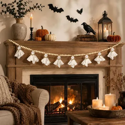 Produktbild von Halloween Girlande Holzperlen, 8 weiße Gespenster, 2,2 m, für die Dekoration