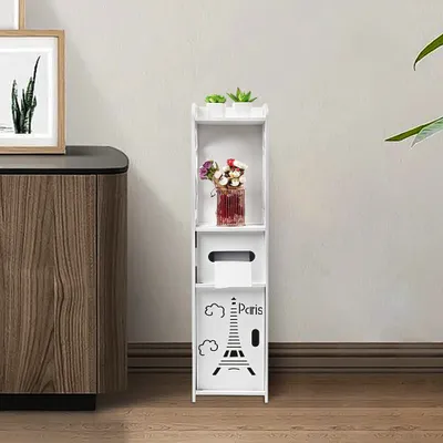 A tall, narrow white storage cabinet with decorative elements is shown in a room setting.