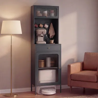 Produktbild von Highboard HWC-P99, Hochschrank Küchenschrank Saugrobotergarage, Staufächer Metall Glas 182x54x40cm  anthrazit
