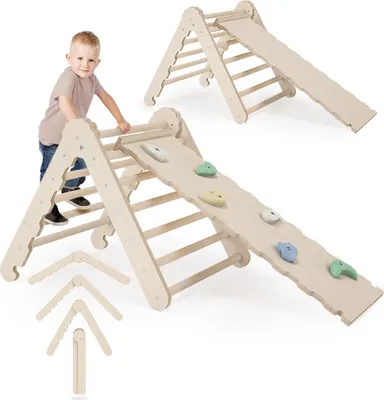Produktbild von MAMOI® Klettergerüst indoor, Kletterdreieck mit rutsche aus holz, Baby kinder klettern, Kletterturm mit rutschbrett, Kletterbogen mit kinderrutsche, Holzbogen für spielplatz ab 1/2/3 jahre