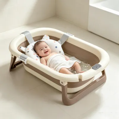 Produktbild von Faltbare XL Baby Badewanne,Reisebadewanne mit Rutschfestem Badekissen,Ergonomisches Design,Baby Bathtub Geburtsgeschenke Für Kleinkinder 72x45x17cm