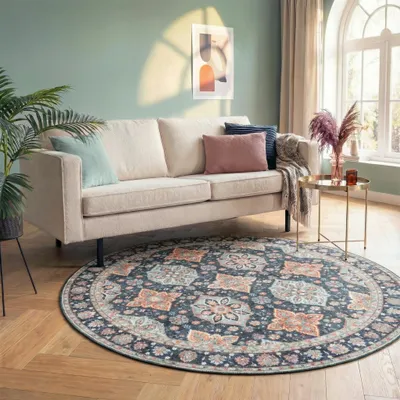 Produktbild von Volero - Teppich Vintage Rund - Imagine Oriental Blau - Ø 100 cm - Wohnzimmer, Esszimmer, Schlafzimmer - Klassik, Industrielle, Orientalisch