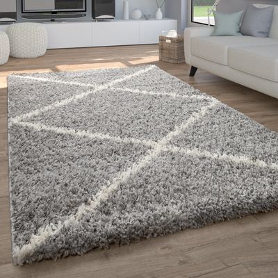 Hochflor Teppich Wohnzimmer Shaggy Langflor Skandinavisches Rauten Muster Grösse 200x280 cm
