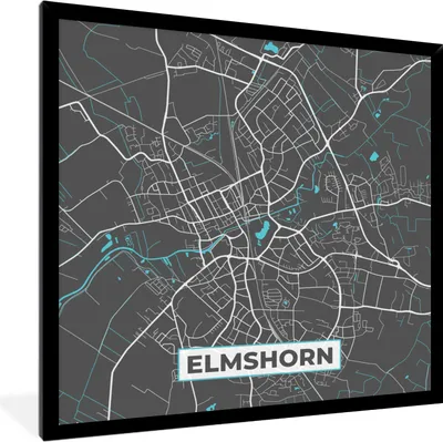 Produktbild von MuchoWow® Gerahmtes Poster Stadtplan - Karte - Elmshorn - Blau - Deutschland - Karte 40x40 cm - Poster mit Schwarzem Bilderrahmen Wandposter Rahmen Foto Bilder - Mit Rahmen - Wanddekoration Schlafzimmer