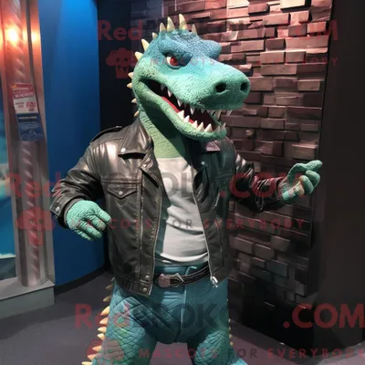Produktbild von Cyan REDBROKOLY Krokodil Maskottchen Kostüm Charakter gekleidet mit einer Lederjacke und Kummerbund