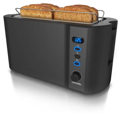Zdjęcie produktu dla Toster Arendo na 4 kromki, toster z długą szczeliną, długa szczelina, stal nierdzewna, 1500 W, wyświetlacz ze wskaźnikiem pozostałego czasu, stojak na bułki, funkcja rozmrażania, obudowa termoizolacyjna, czarny