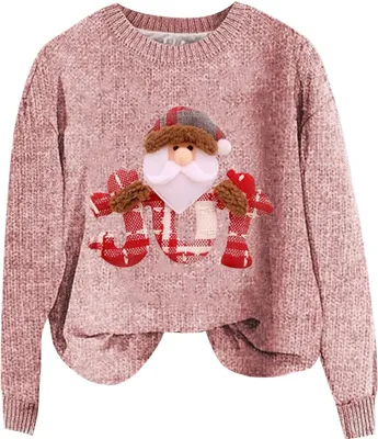 Produktbild von ASKSA Damen Lustige Weihnachtspullover Strickpullover Winter Rundhals Pulli Christmas Sweater Langarm Oberteile Warm Weihnachtspulli,F-Rosa,4XL