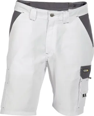 A pair of white and gray work shorts is shown against a white background.