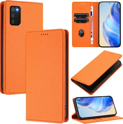 Produktbild von Litchi Leder Handyhülle für Samsung Galaxy A03S Wallet Kartenfächer Standfunktion Hülle Orange