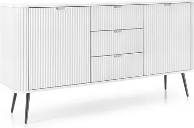 Image de Commode 3 tiroirs Gerly - Buffet 170 cm sur pieds, loft, façades cannelées, 2 portes - Buffet à lames (blanc / noir)