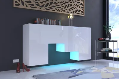 Produktbild von Furnitech K2 Modernes Wohnzimmer, Kommode, Schrank, Sideboard, Schlafzimmer, Esszimmer, Wohnzimmermöbel (LED RGB 16 Farben, K2-HG-W2)