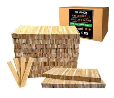 A box of kindling wood and stacks of kindling wood are displayed against a white background.