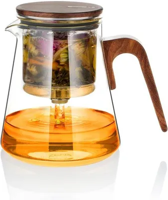 Image de Théière en verre Unyqoos® pour thé en feuilles, avec filtre fin et couvercle magnétique, poignée en bois de noyer – verre borosilicaté et acier inoxydable, 800 ml (pour 2 à 4 personnes)
