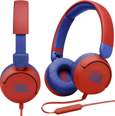 A pair of red and blue JBL headphones shown from two different angles against a white background.