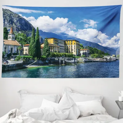 Produktbild von ABAKUHAUS Italien Wandteppich, Landschaft des Comer Sees, aus Weiches Mikrofaser Stoff Waschbar ohne Verblassen Digitaldruck, 230 x 140 cm, Blau und Grün