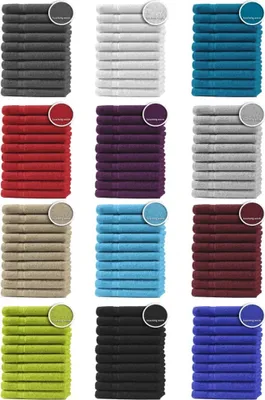 A collage of stacked towels in various colors, each with a circular swatch indicating the color.