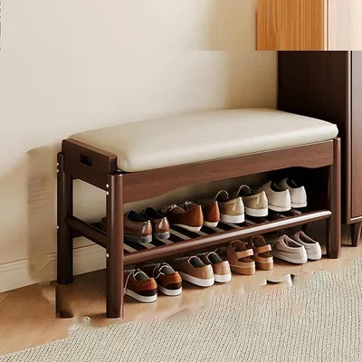 Imagen del producto de Zapatero de madera maciza con asiento acolchado, ideal para recibidores y entradas