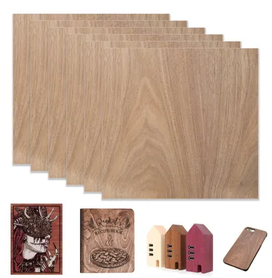 Zdjęcie produktu dla 6 arkuszy sklejki z orzecha, o wymiarach 300 x 300 x 3 mm, idealne do projektów laserowych i rękodzieła