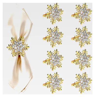 Produktbild von 8 Stück Goldene Serviettenringe mit Schneeflocken für Weihnachten - Serviettenhalter für Festtafeln, Hochzeiten, Feiern, Bankette und die Küche