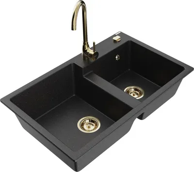 Produktbild von Mexen Tomas 2-Becken-Granitspüle mit Mischbatterie Telma, Schwarz/Silbermetallic - 6516-73-670200-50