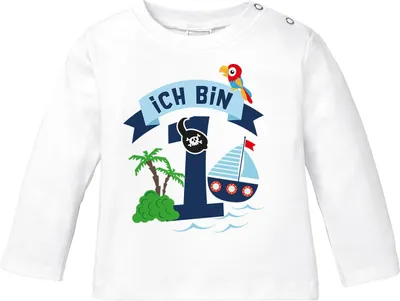 Produktbild von Baby Langarm-Shirt 1. Geburtstag Ich bin 1 Pirat Geburtstagsshirt Baumwolle Junge MoonWorks® weiß 56/62 (1-3 Monate)