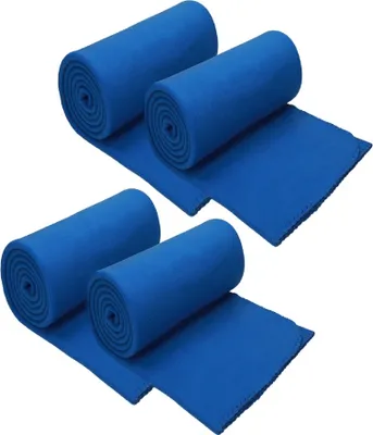Four rolled-up blue fleece blankets are displayed against a white background.